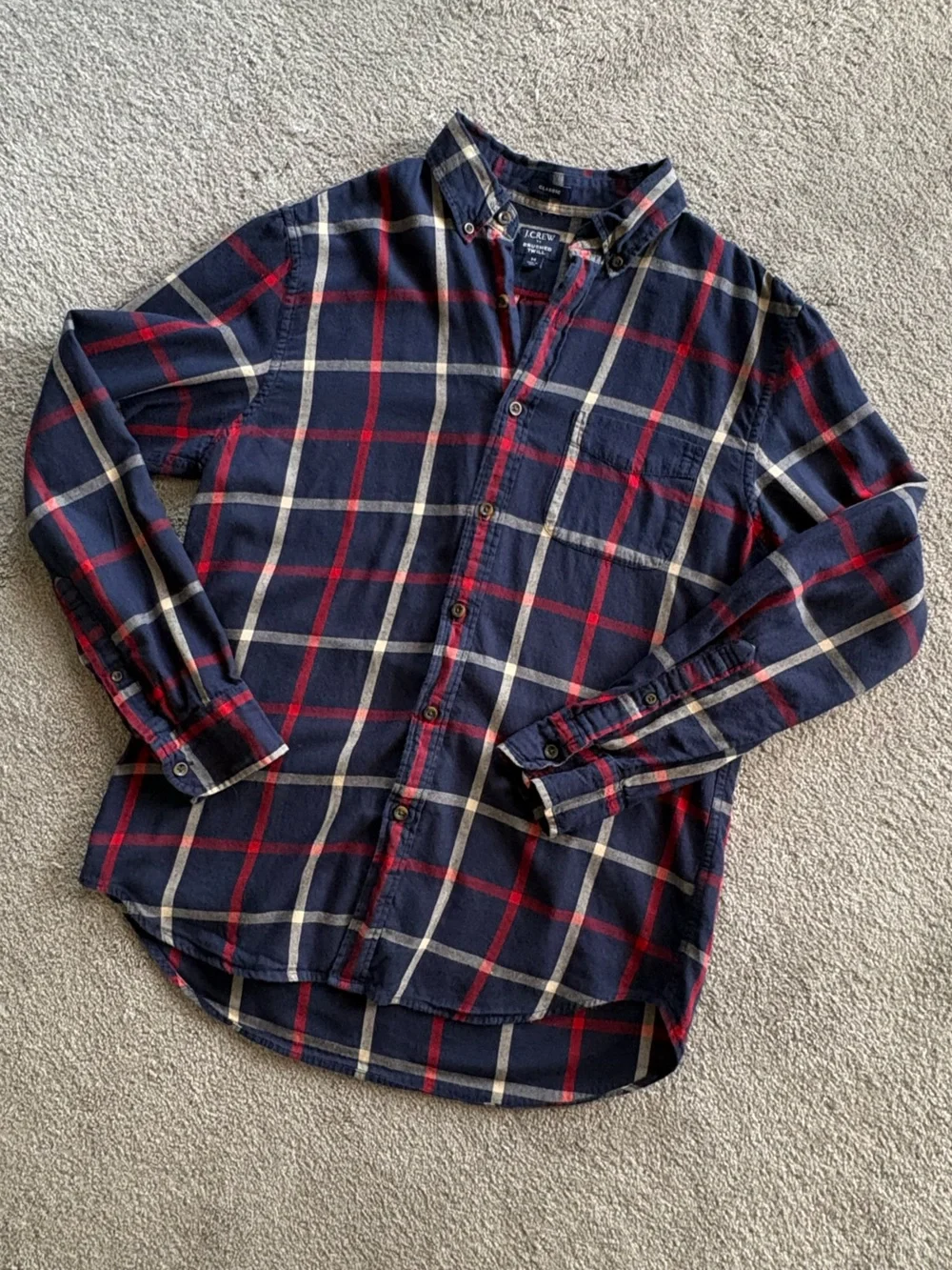 J. Crew Men’s Navy, Red and White Plaid Button-Down Shirt